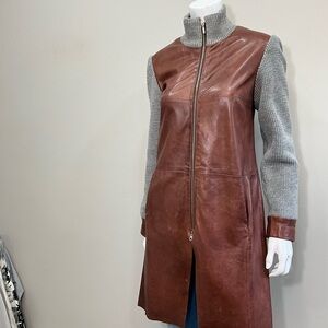 CIGNO NERO Brown Leather Zip Front Long Vest Coat Knit Sleeve Duster Size 36